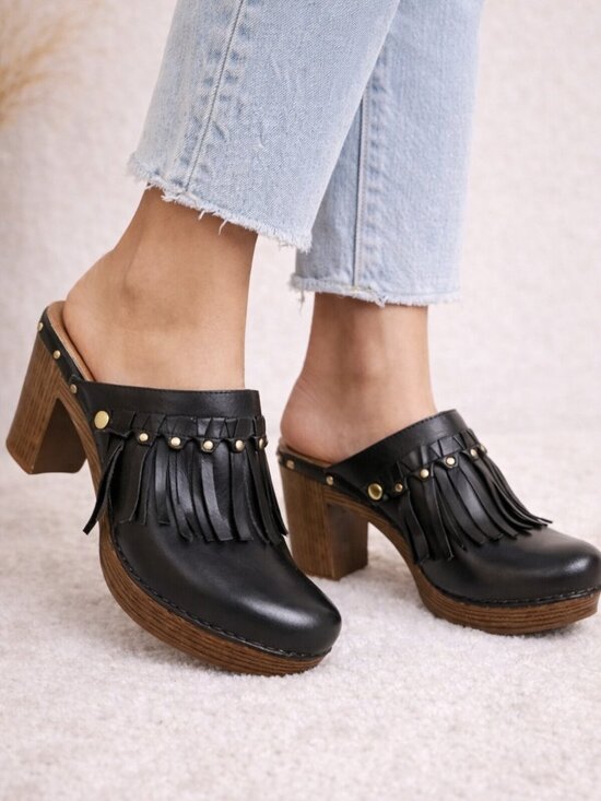 Dansko Deni Fringe Leather Clog Mule Black Studded Heel EU 37